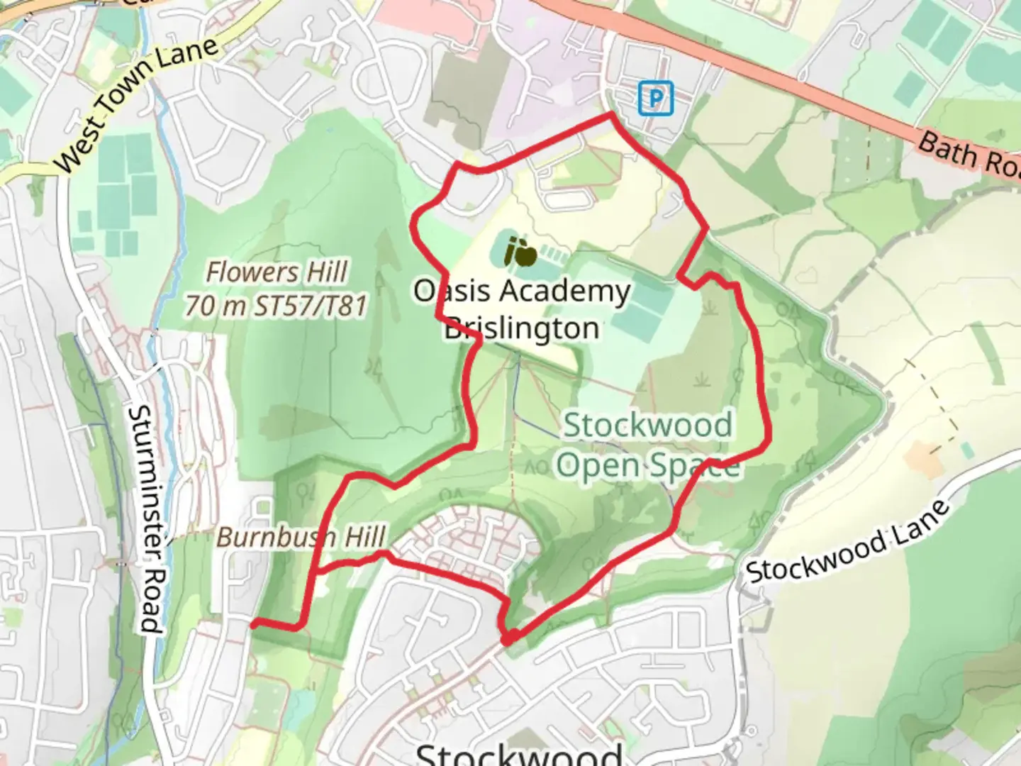 An image depicting the trail Stockwood Open Space Nature Reserve Loop and its surrounding area.