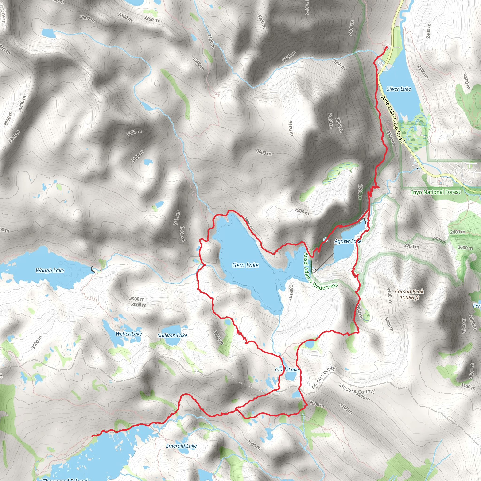 Rush Creek Trail, Gem Lake, Thousand Island Lake and Agnew Pass Loop mobile static map