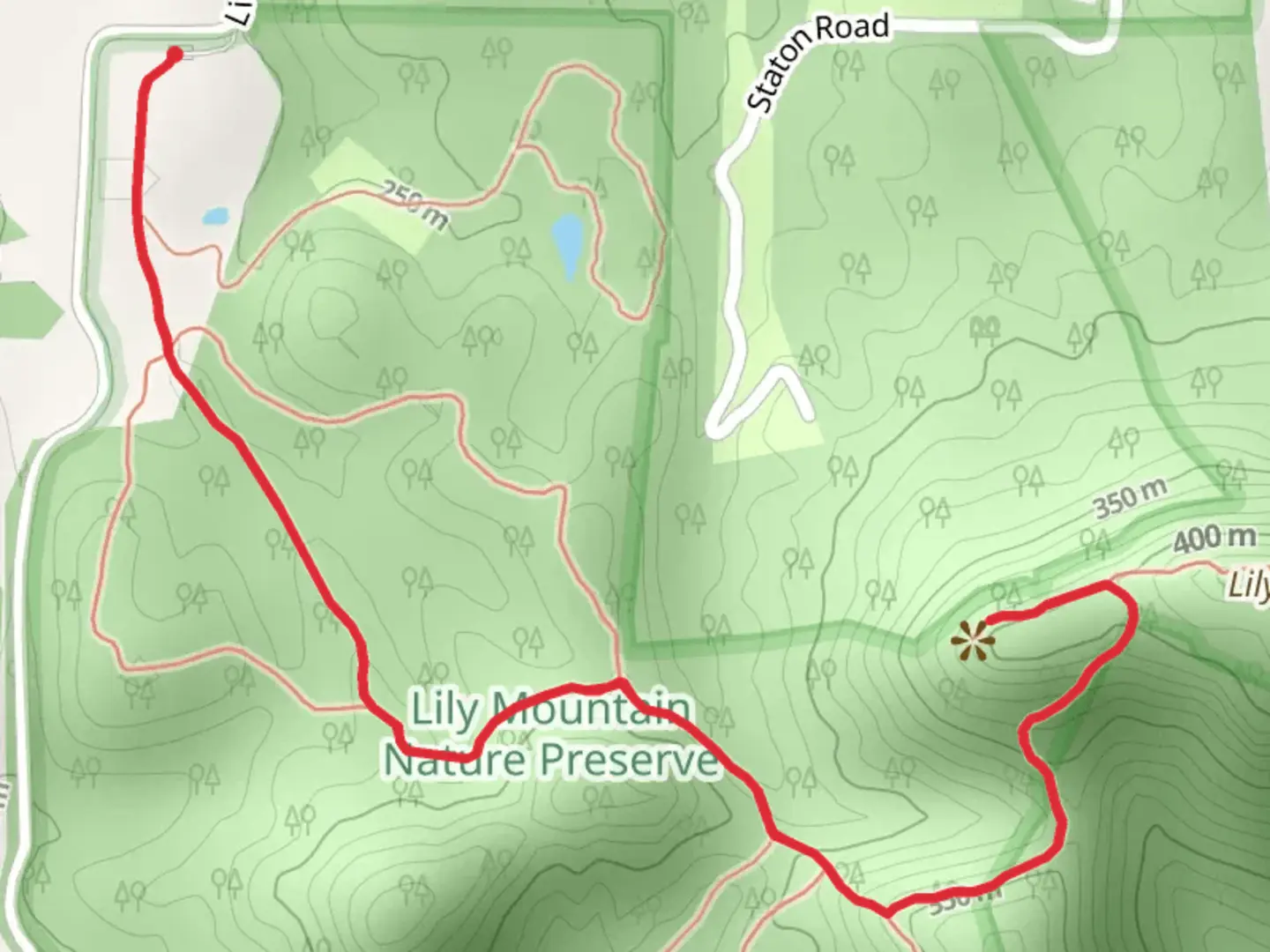 An image depicting the trail Lilly Mountain from Little Rock Road and its surrounding area.
