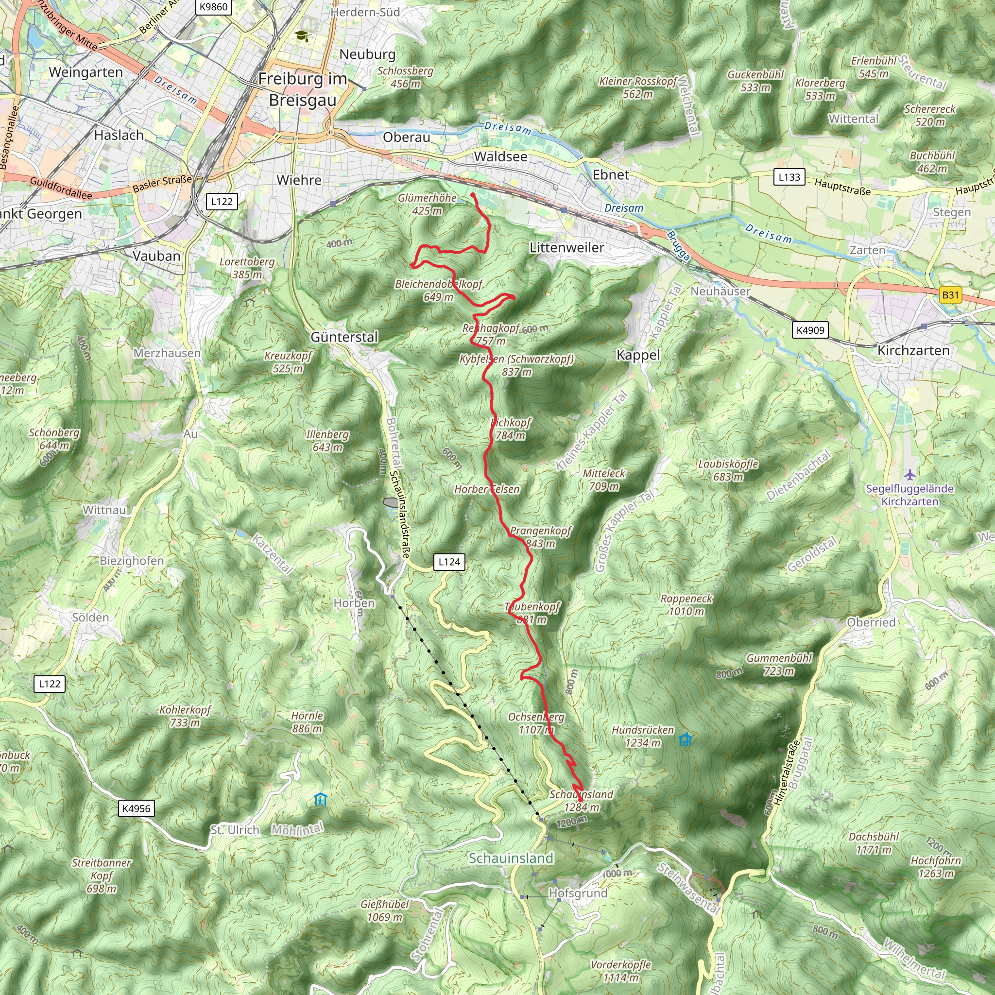 Moeslepark to Schauinsland via Laufstrecke Schauinsland Berglauf mobile static map