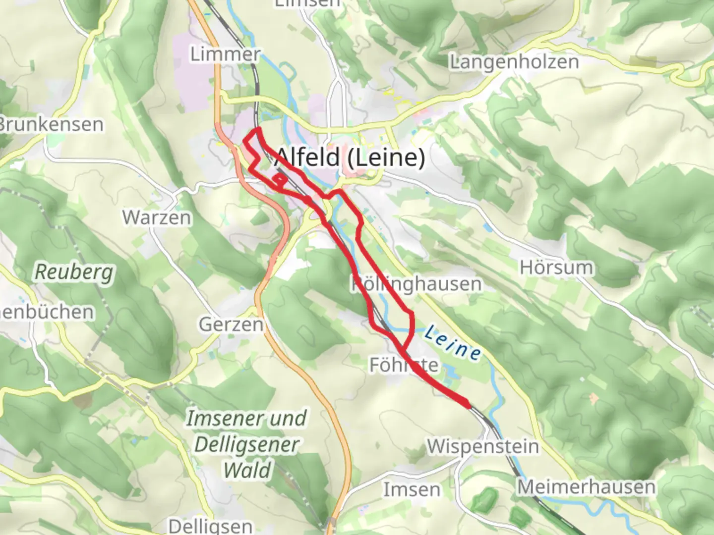 An image depicting the trail Fagus-Werk and Leine River Loop and its surrounding area.
