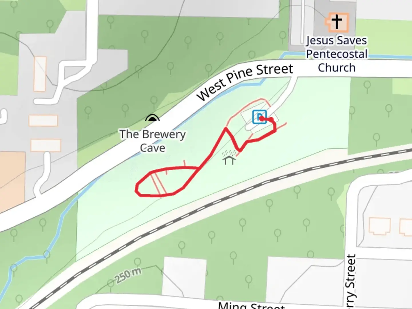 An image depicting the trail Blind Boone Park and its surrounding area.