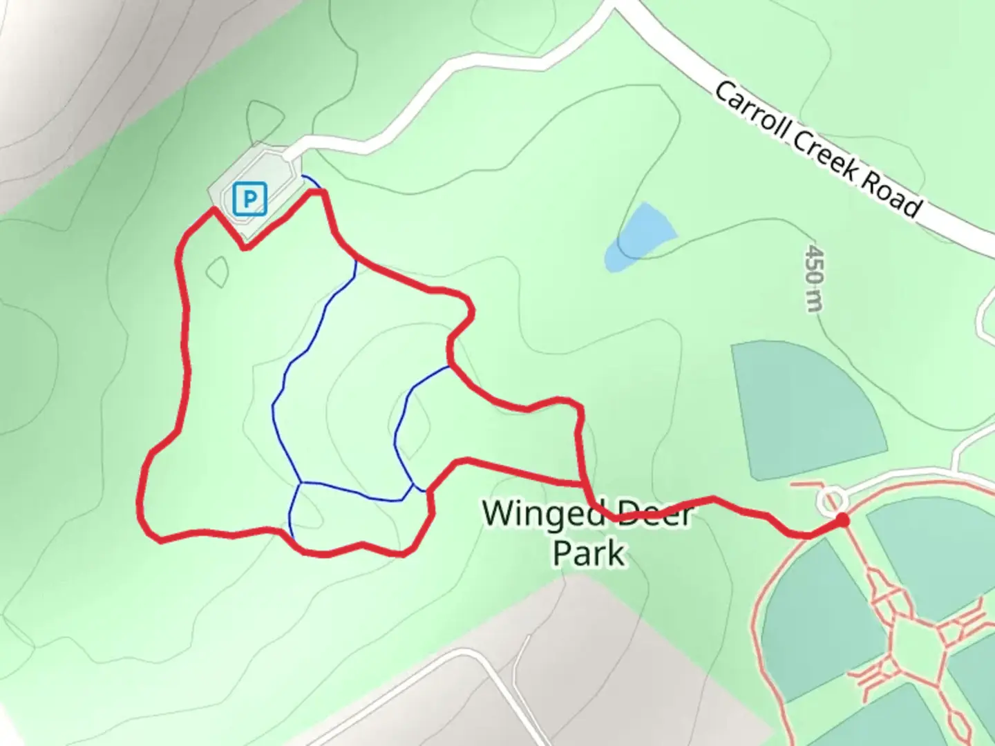 An image depicting the trail Winged deer Park Loop and its surrounding area.