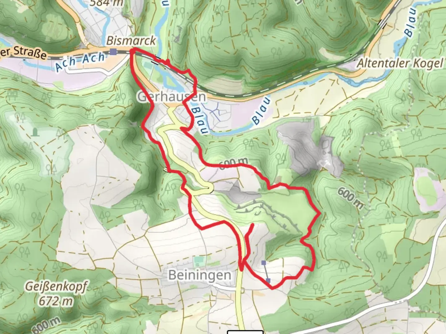 An image depicting the trail Blaubeur Felsensteig and Kleine Blautour and its surrounding area.