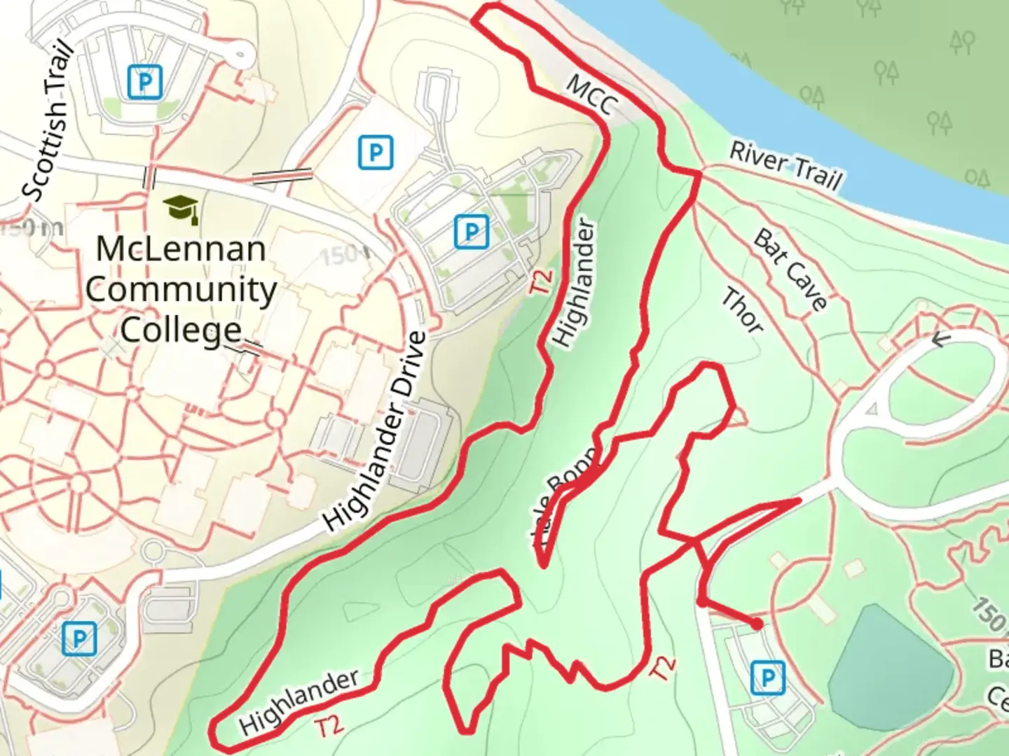 An image depicting the trail Highlander and Bosque River Loop and its surrounding area.