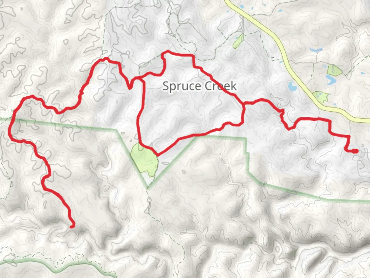 An image depicting the trail Spruce Creek Trail, Private South Fork pop and Wild Cat Den Loop Trail and its surrounding area.