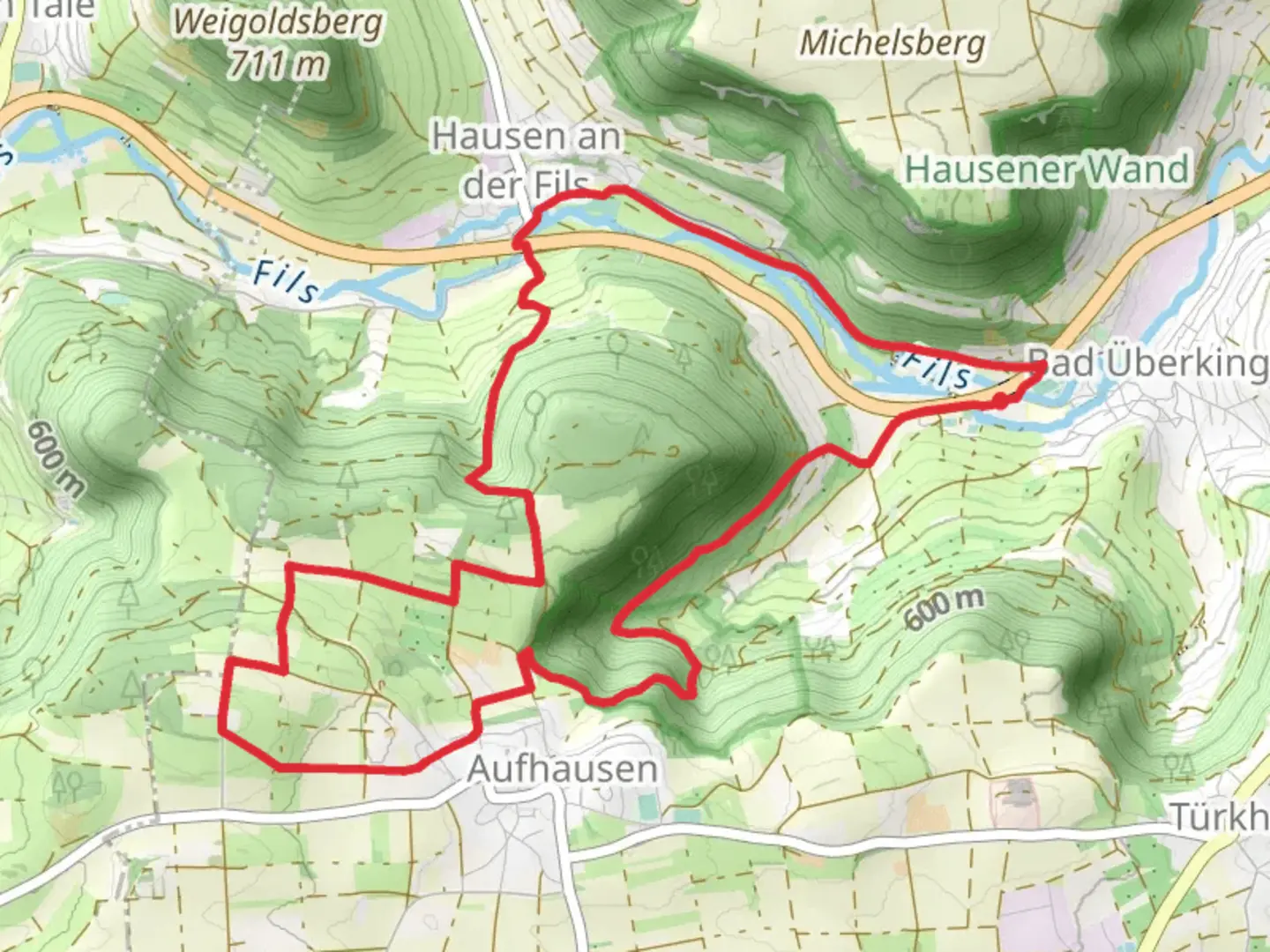 An image depicting the trail Wald und Wasserweg and Aufhausen Wasserberg and its surrounding area.