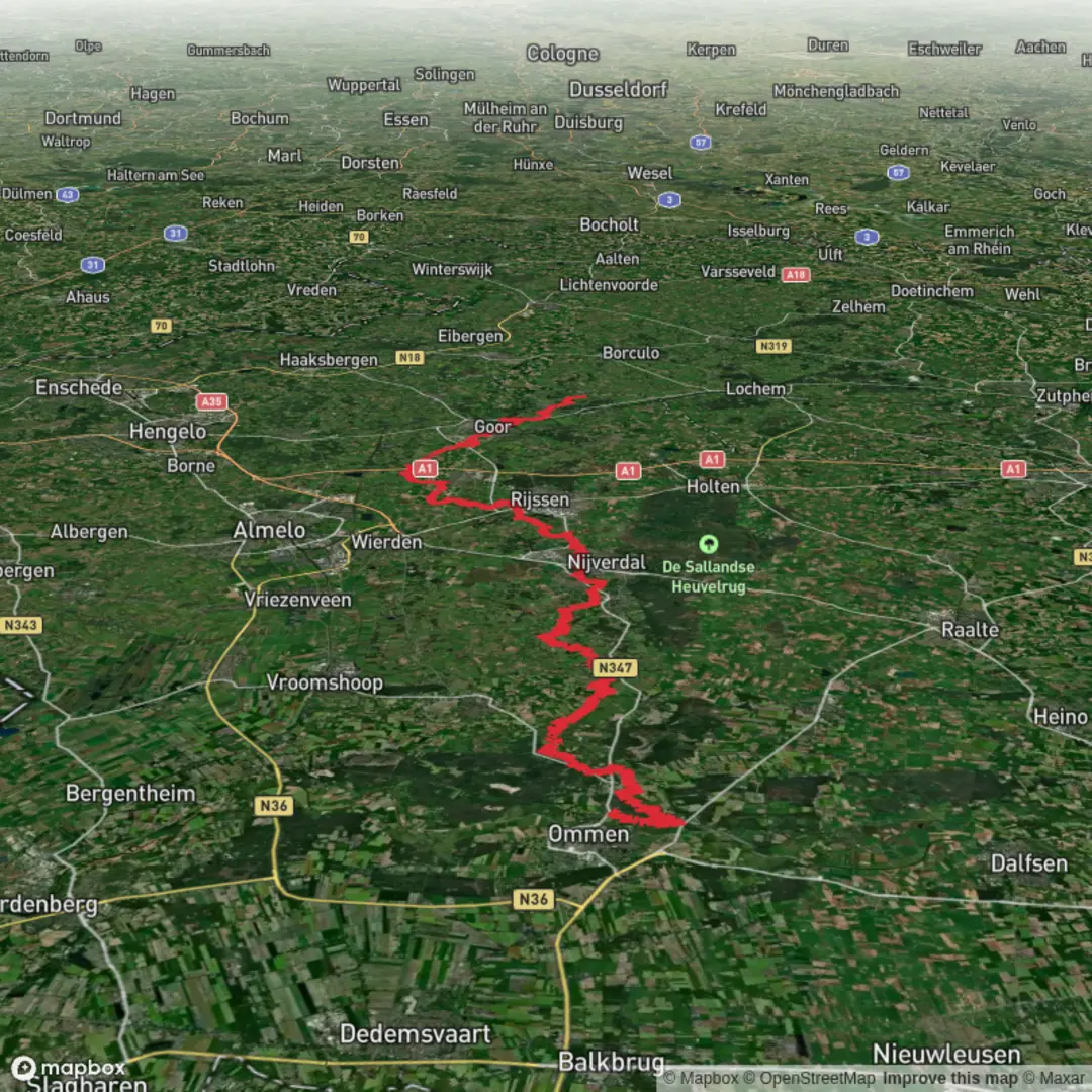 An image depicting the trail Ommen to Westervlierderblok via Kasteel Eerde, Velderberg and Nieuw Koerdam and its surrounding area.