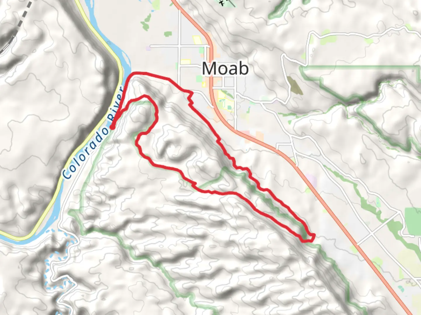 An image depicting the trail Moab Rim Trail, Hidden Valley Trail and Pipe Dream Loop and its surrounding area.