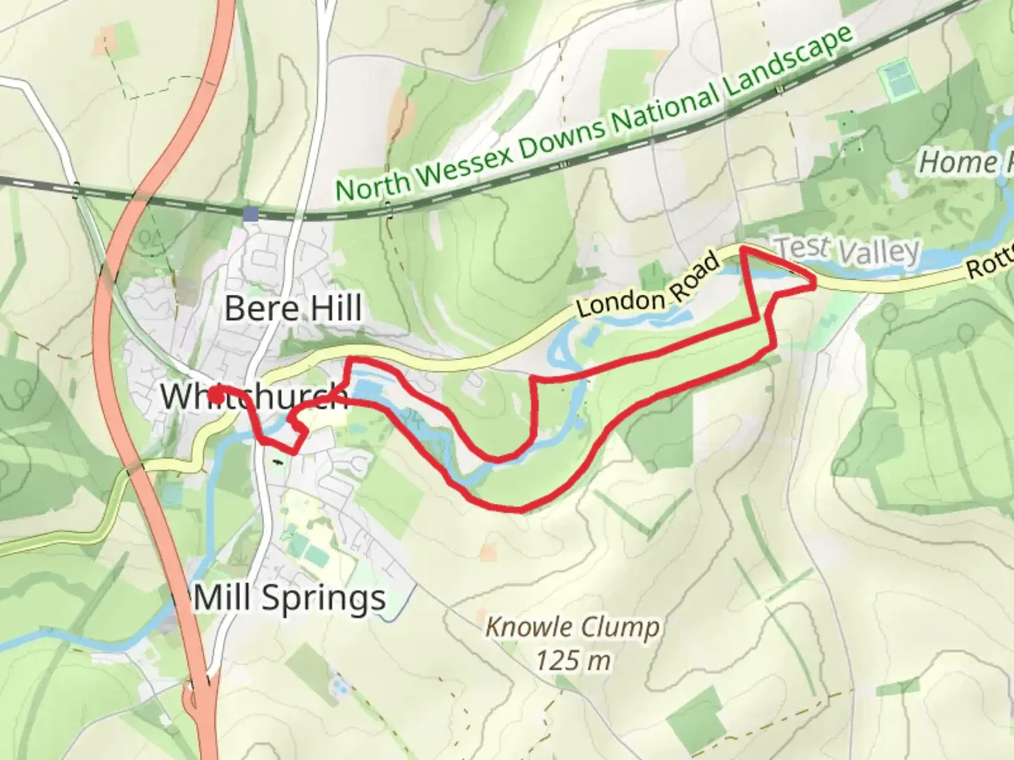 An image depicting the trail Watercress Bed and Freefolk River Test and its surrounding area.