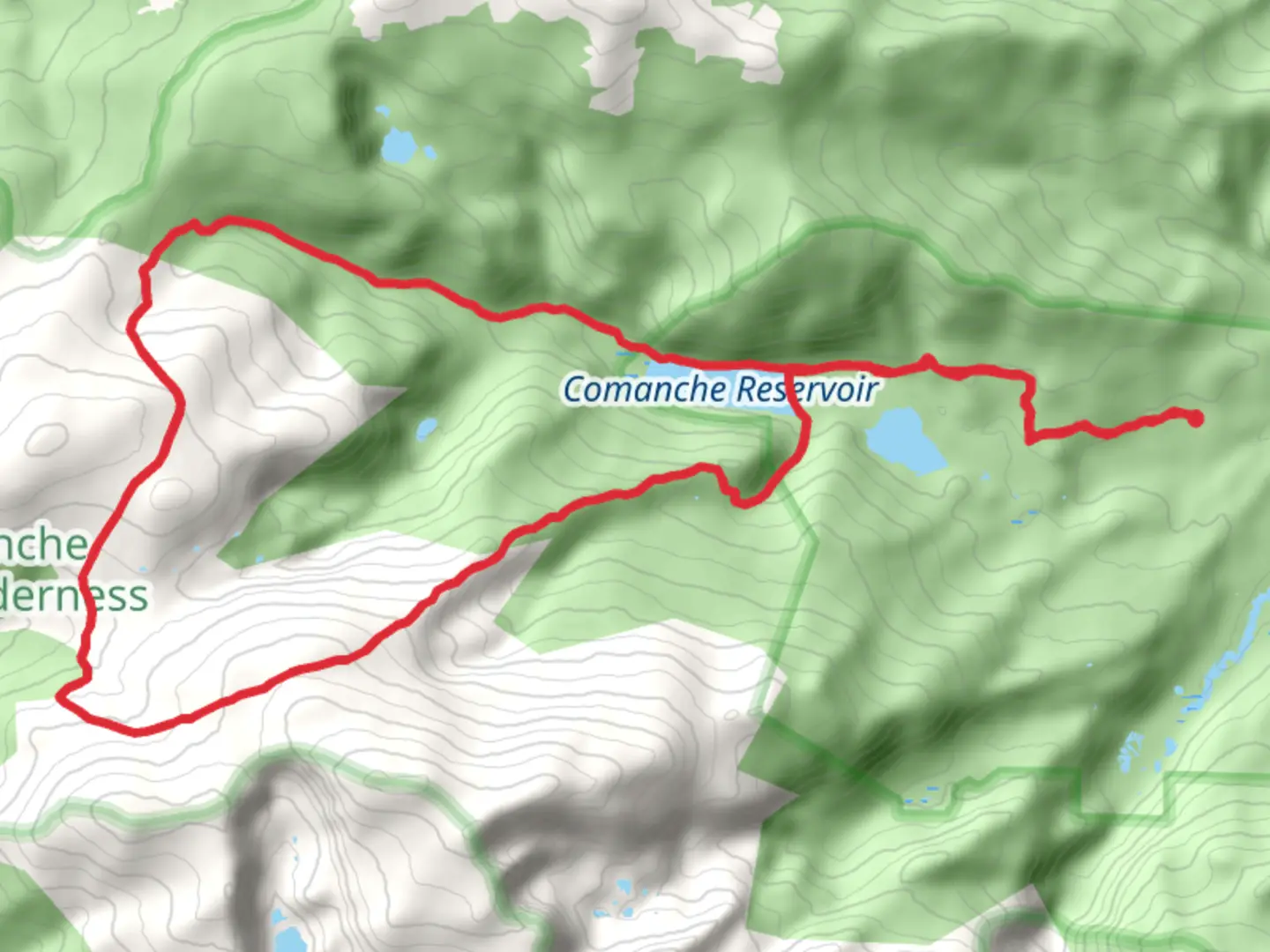 An image depicting the trail Comanche Reservoir Loop via Mirror Lake Trail and its surrounding area.