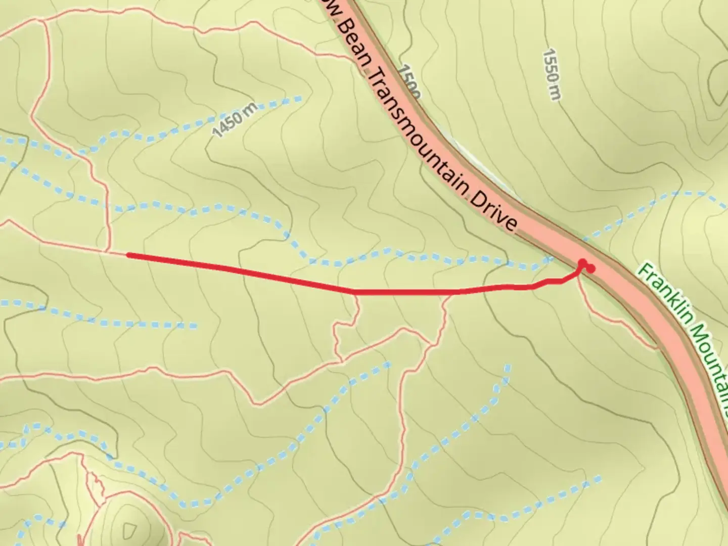 An image depicting the trail Grim Path Out and Back and its surrounding area.
