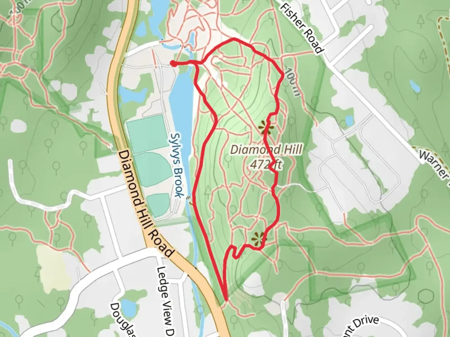 An image depicting the trail Diamond Hill Loop via Warner Trail and its surrounding area.