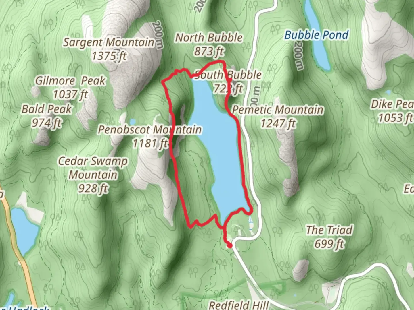 An image depicting the trail Jordan Pond via Jordan Cliffs Trail and its surrounding area.