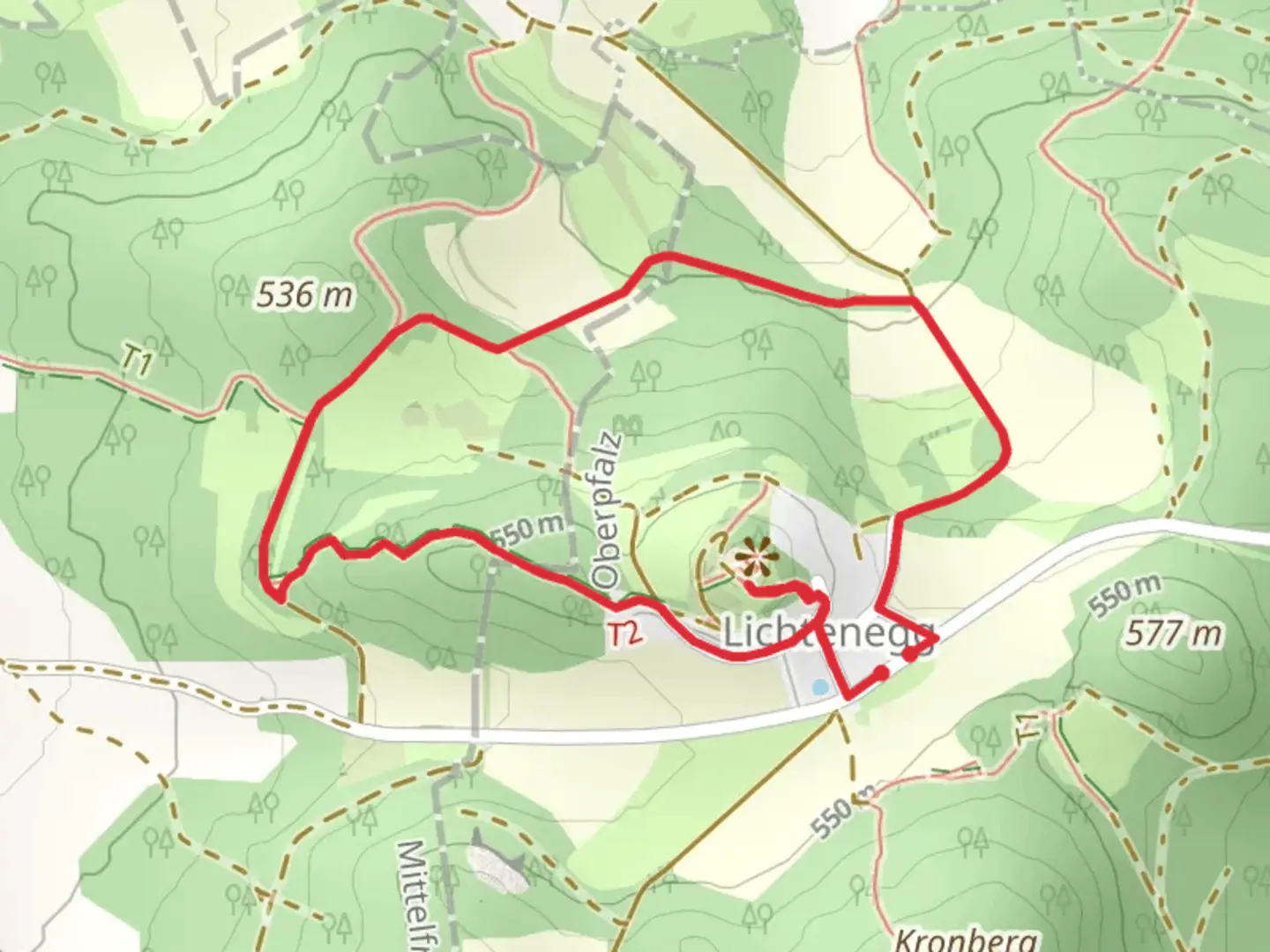 An image depicting the trail Blaupunkt and Buerberg Panorama Weg Loop and its surrounding area.