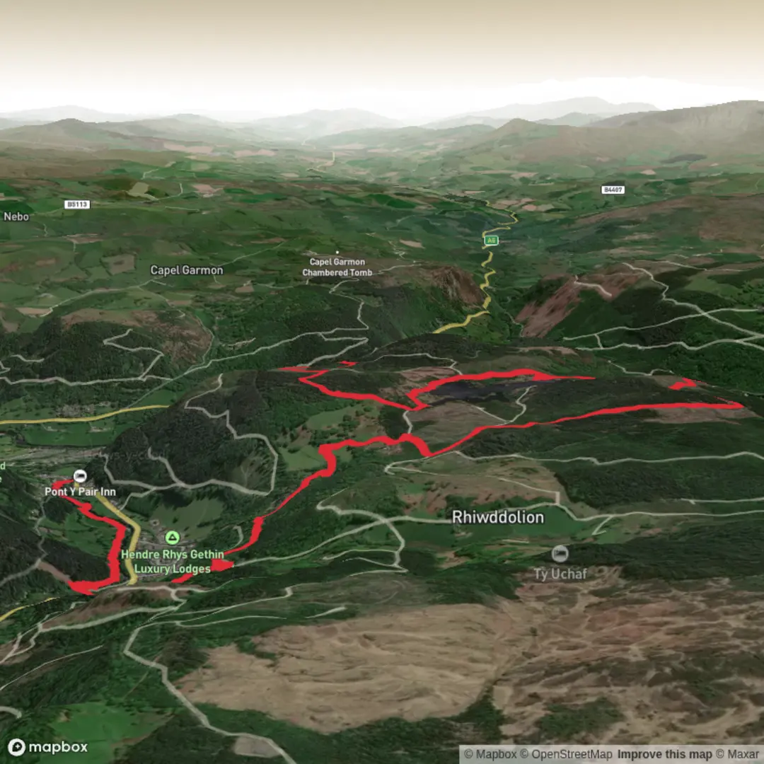 An image depicting the trail Betws y Coed & Llyn Elsi Loop - Upper Limits UK and its surrounding area.