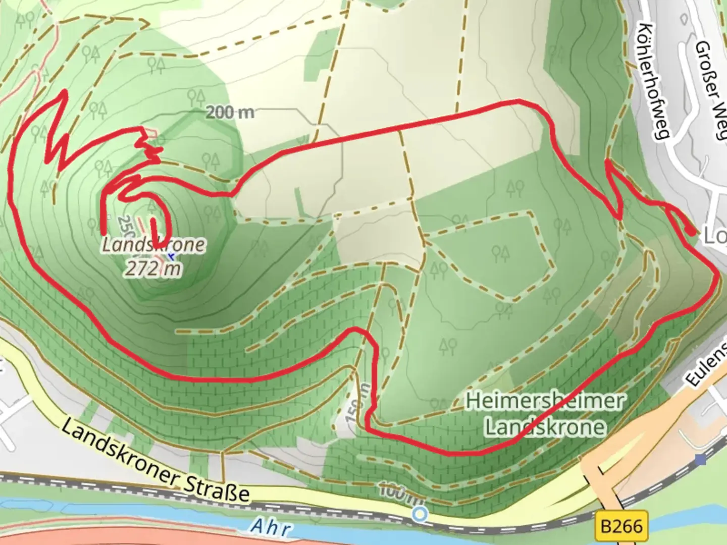 An image depicting the trail Landskrone via Rotweinwanderweg and Osteifelweg and its surrounding area.