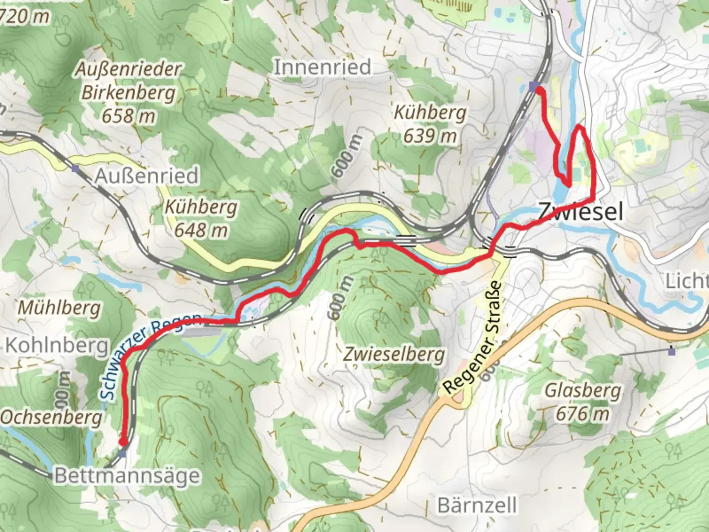 An image depicting the trail Bettmannsäge to Zwiesel Walk and its surrounding area.