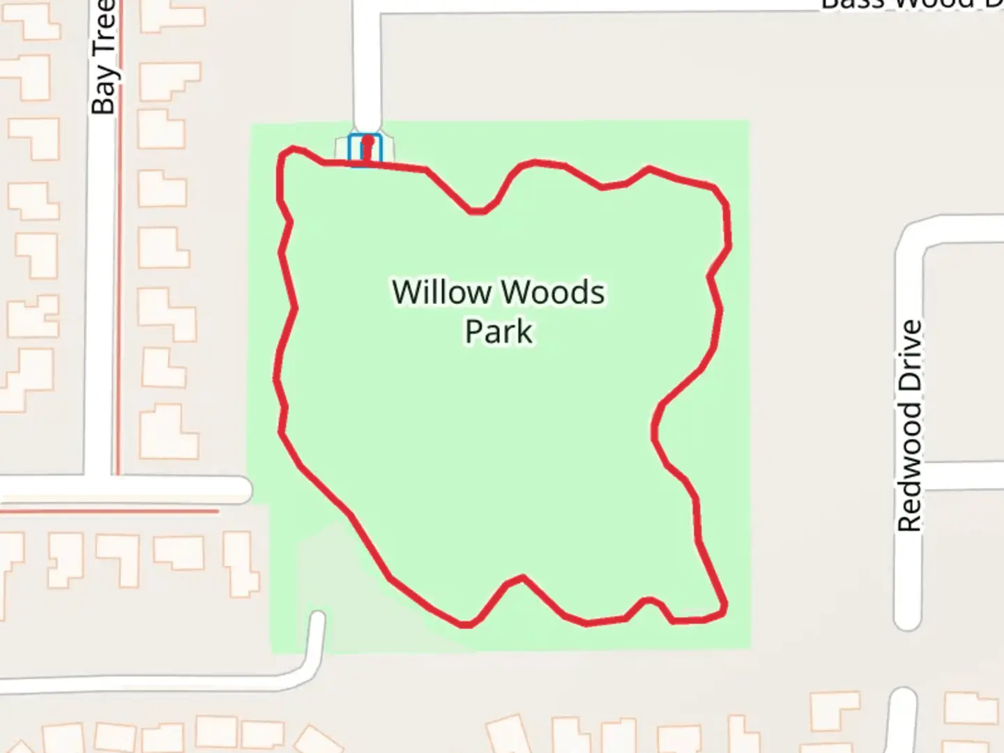 An image depicting the trail Willow Woods Park Loop and its surrounding area.
