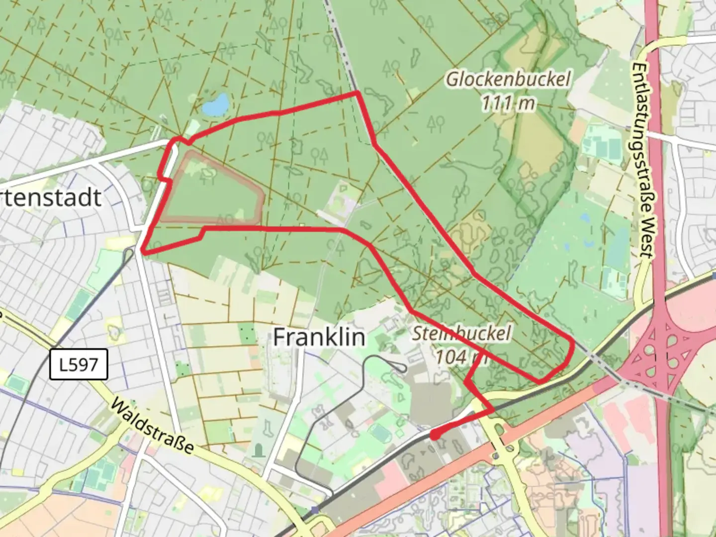 An image depicting the trail Vogelstangweg and Buckelalleeweg Loop and its surrounding area.