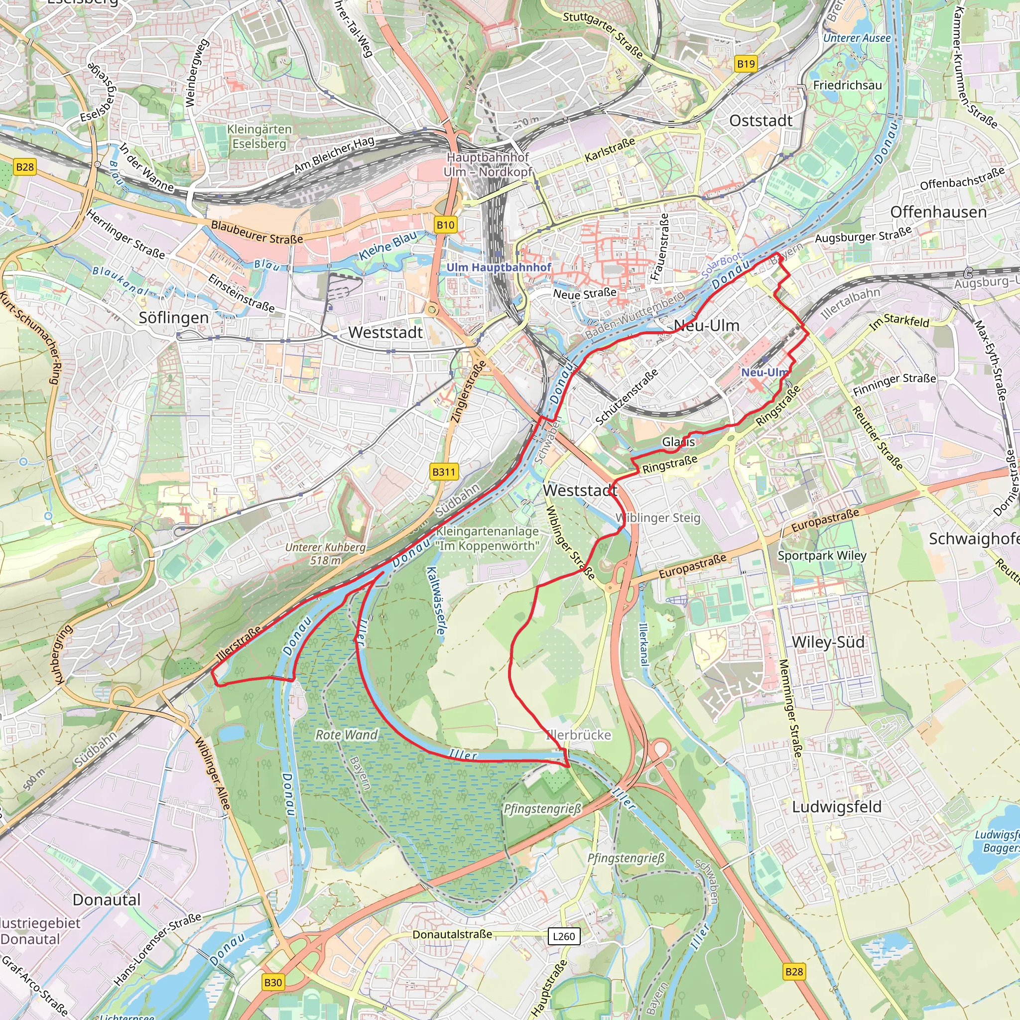 Donau and Illerspitze via Ulm Lindenhoehe - Wibingen and Ulmer Festungsweg mobile static map