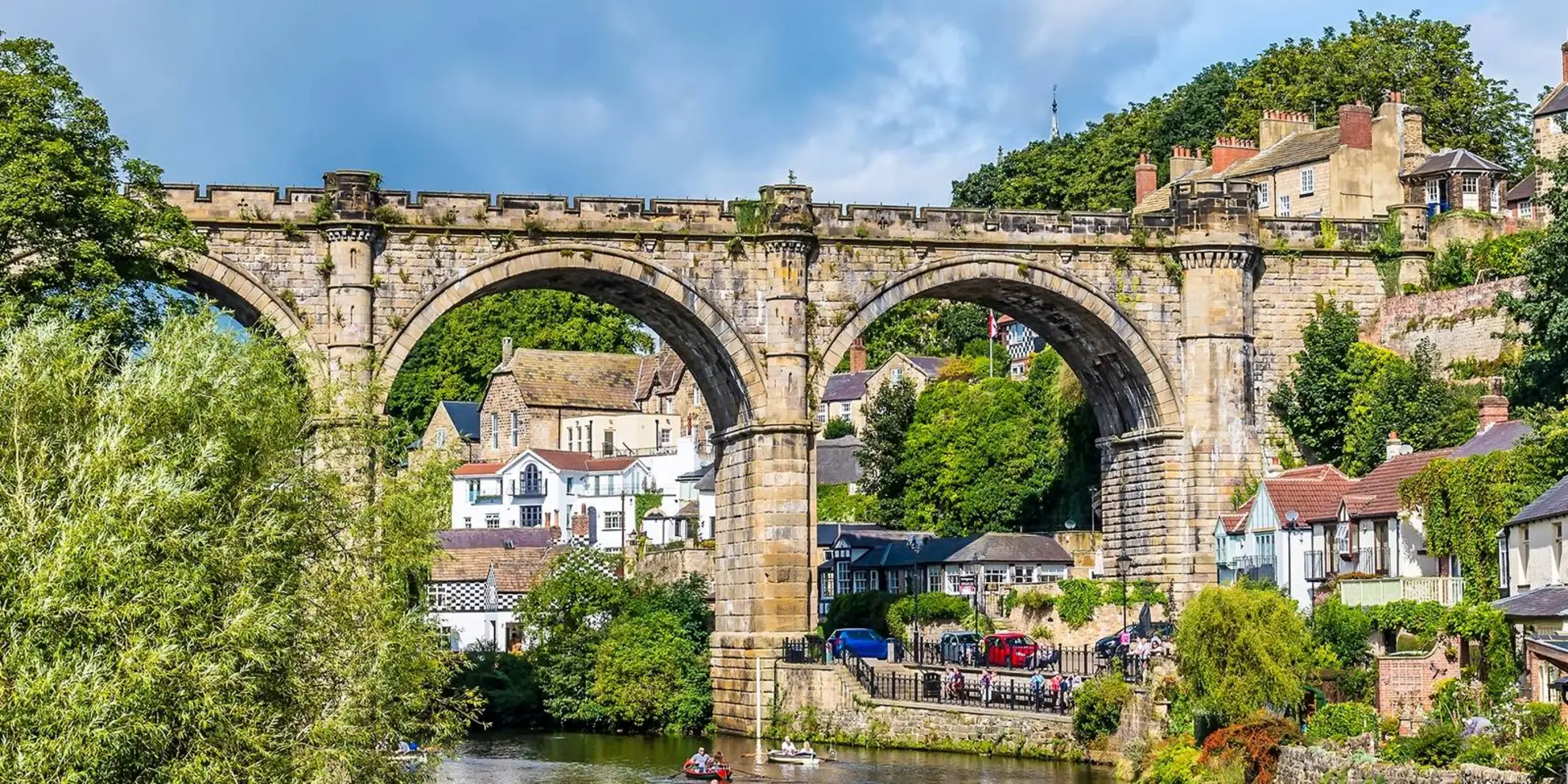 An image depicting the trail Abbey Road - Wood Sculptures and Knaresborough Castle and its surrounding area.