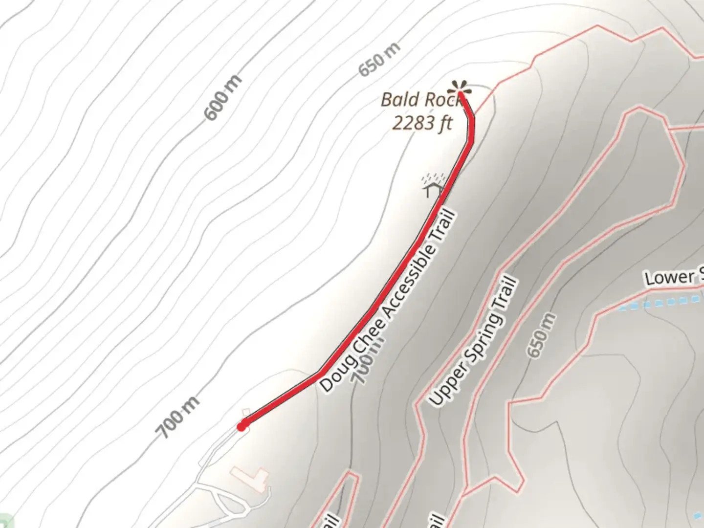 An image depicting the trail Bald Rock via Doug Chee Accessible Trail and its surrounding area.