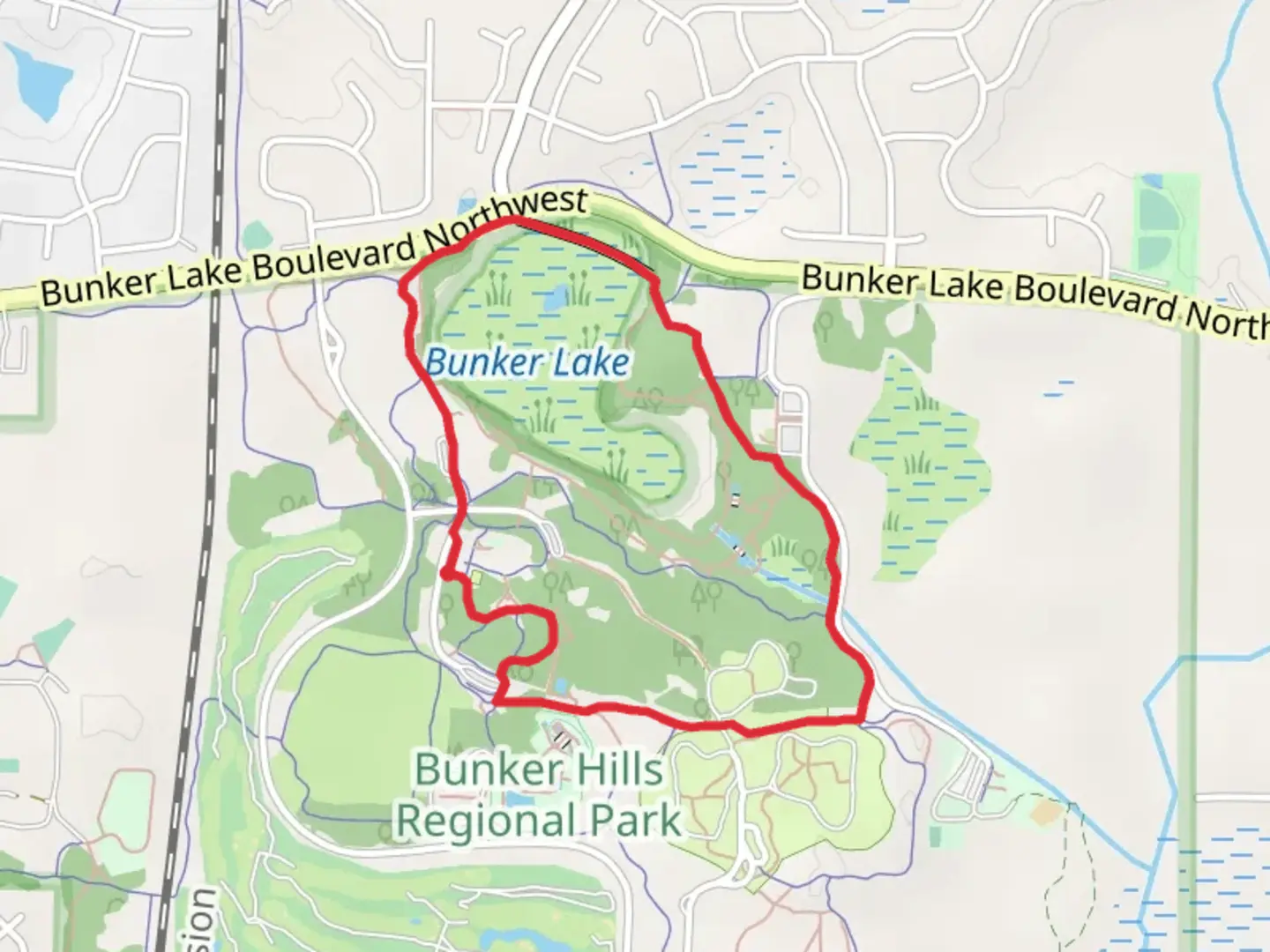 An image depicting the trail Bunker Lake Loop and its surrounding area.