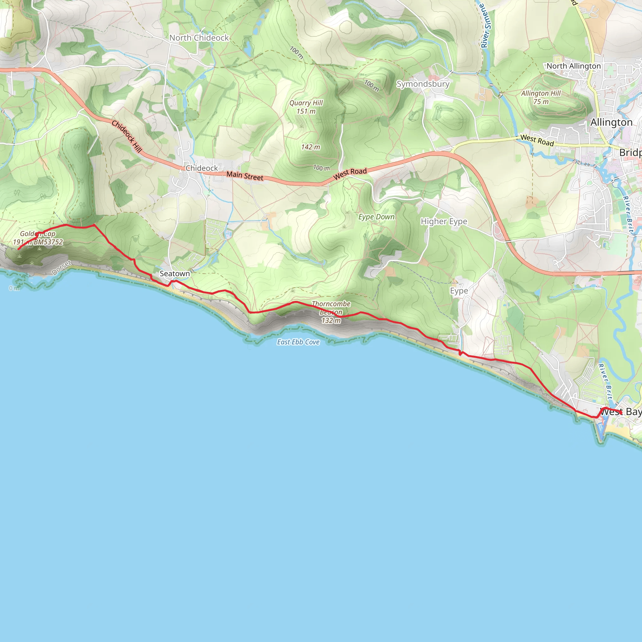 Eype Mouth, Thorncombe Beacon, Doghouse Hill and Golden Cap Walk mobile static map
