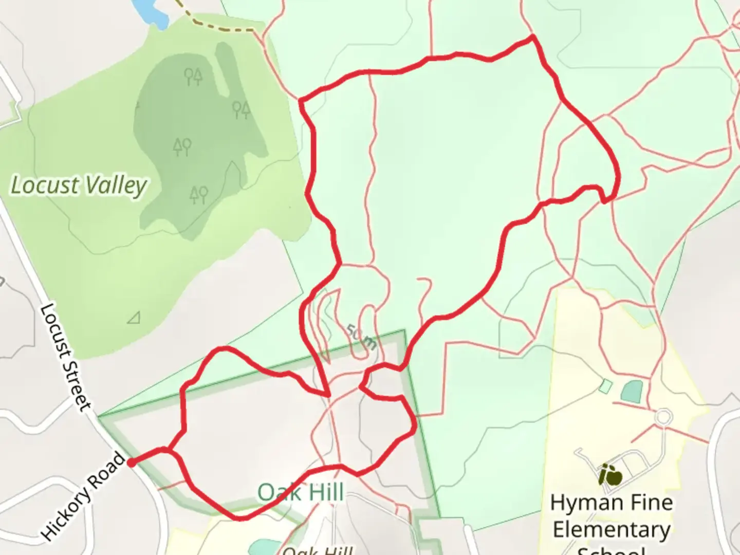 An image depicting the trail Locust Valley Country Club Loop and its surrounding area.