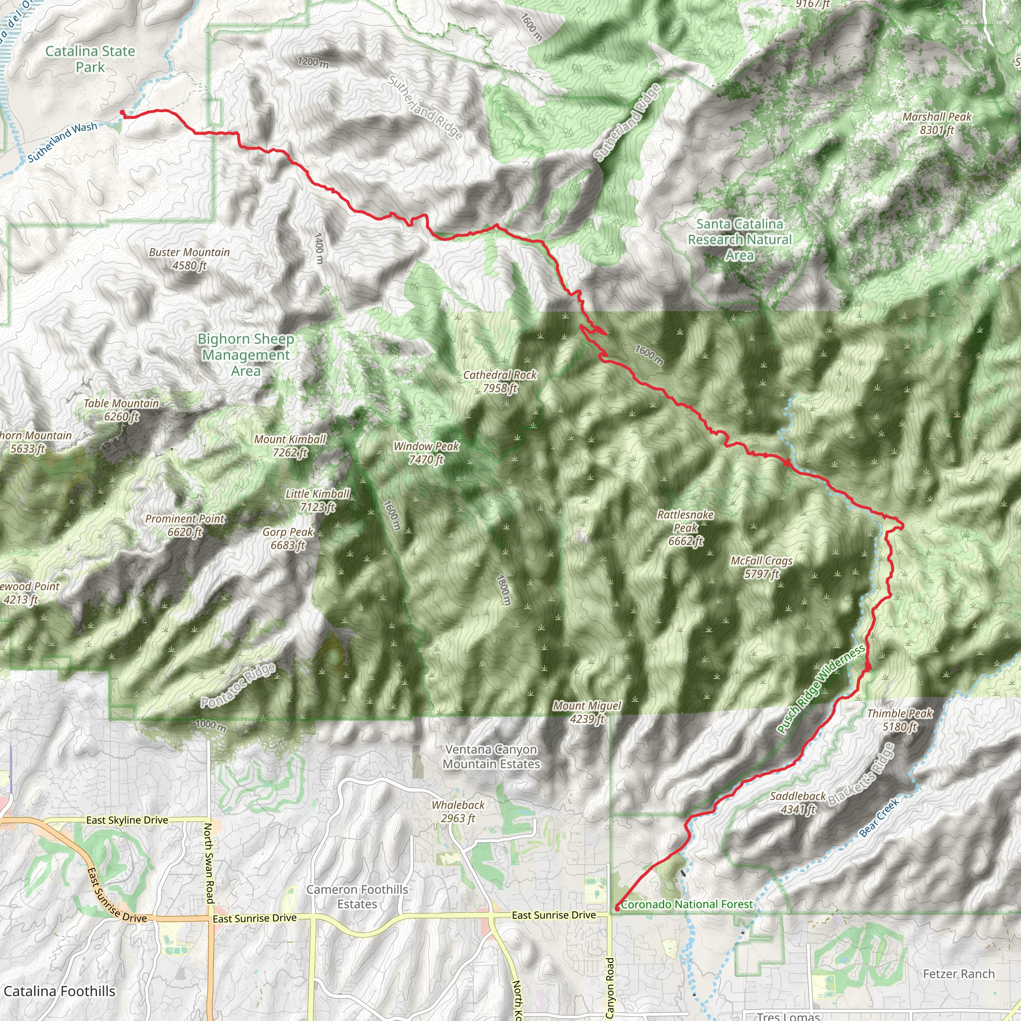 Romero Pass and Sabino Canyon Trail from Catalina State Park Road mobile static map