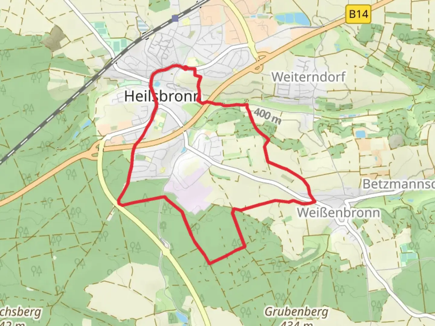 An image depicting the trail Heilsbronn Circular Walk and its surrounding area.