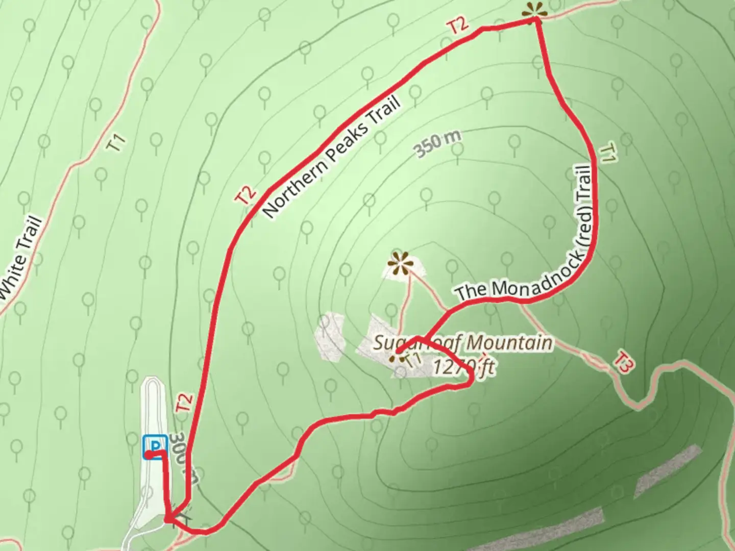 An image depicting the trail Sugarloaf Mountain Loop and its surrounding area.
