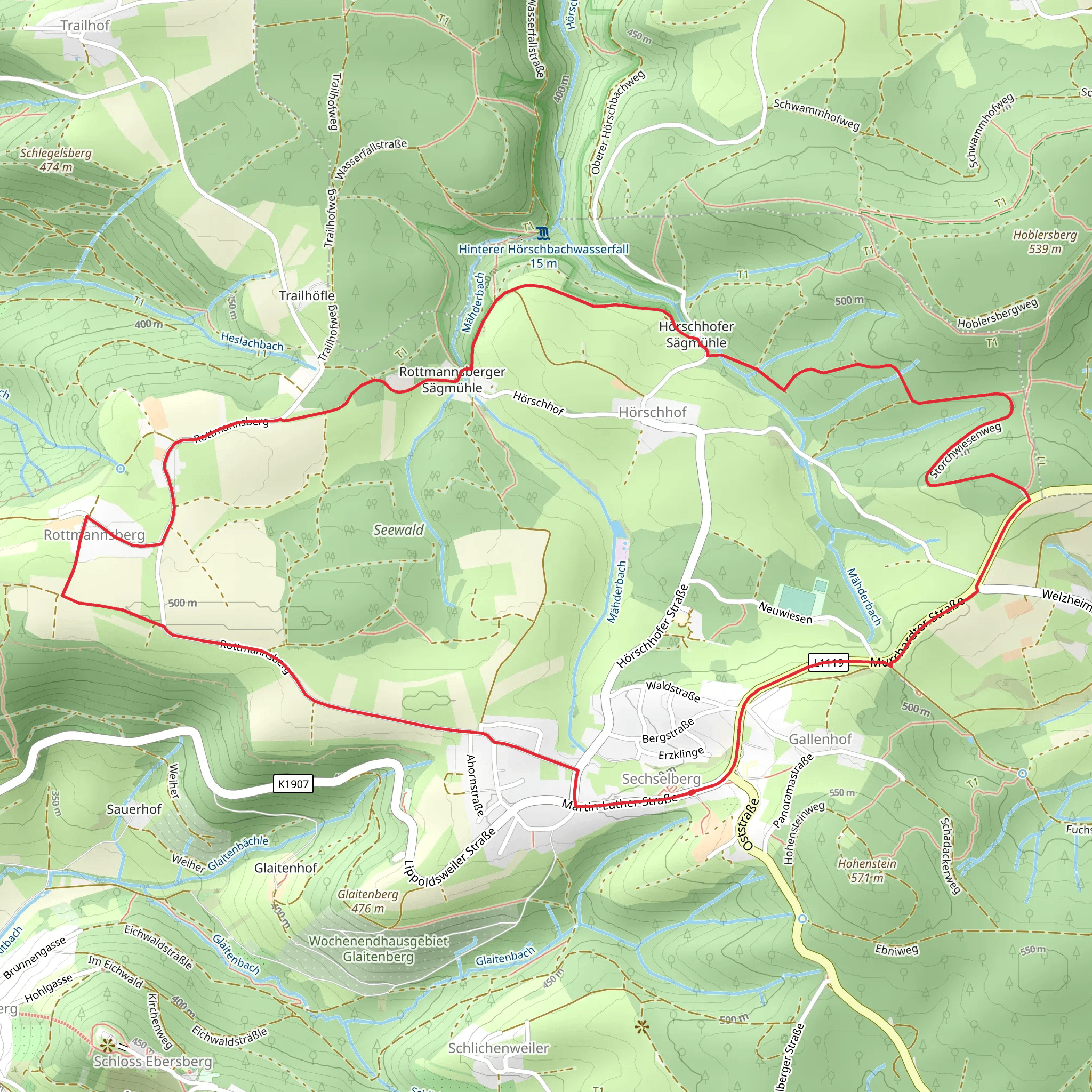 Wasserfallweg and Hauptlinie des SAV loop mobile static map