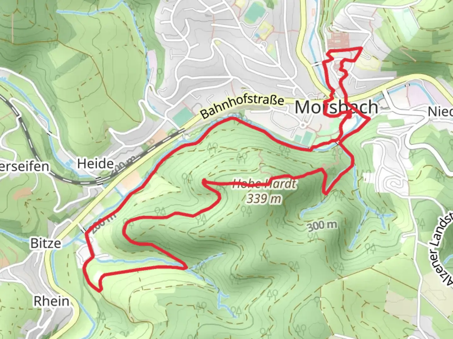 An image depicting the trail Aussichtsturm Morsbach via Hardtweg and its surrounding area.