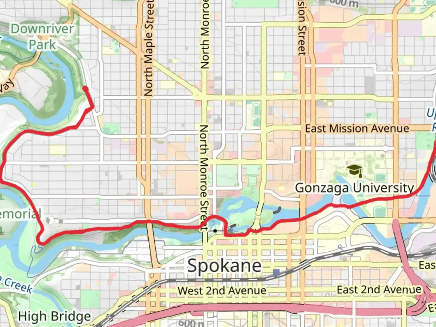 An image depicting the trail Spokane River Centennial Trail from North Pettit Drive and its surrounding area.