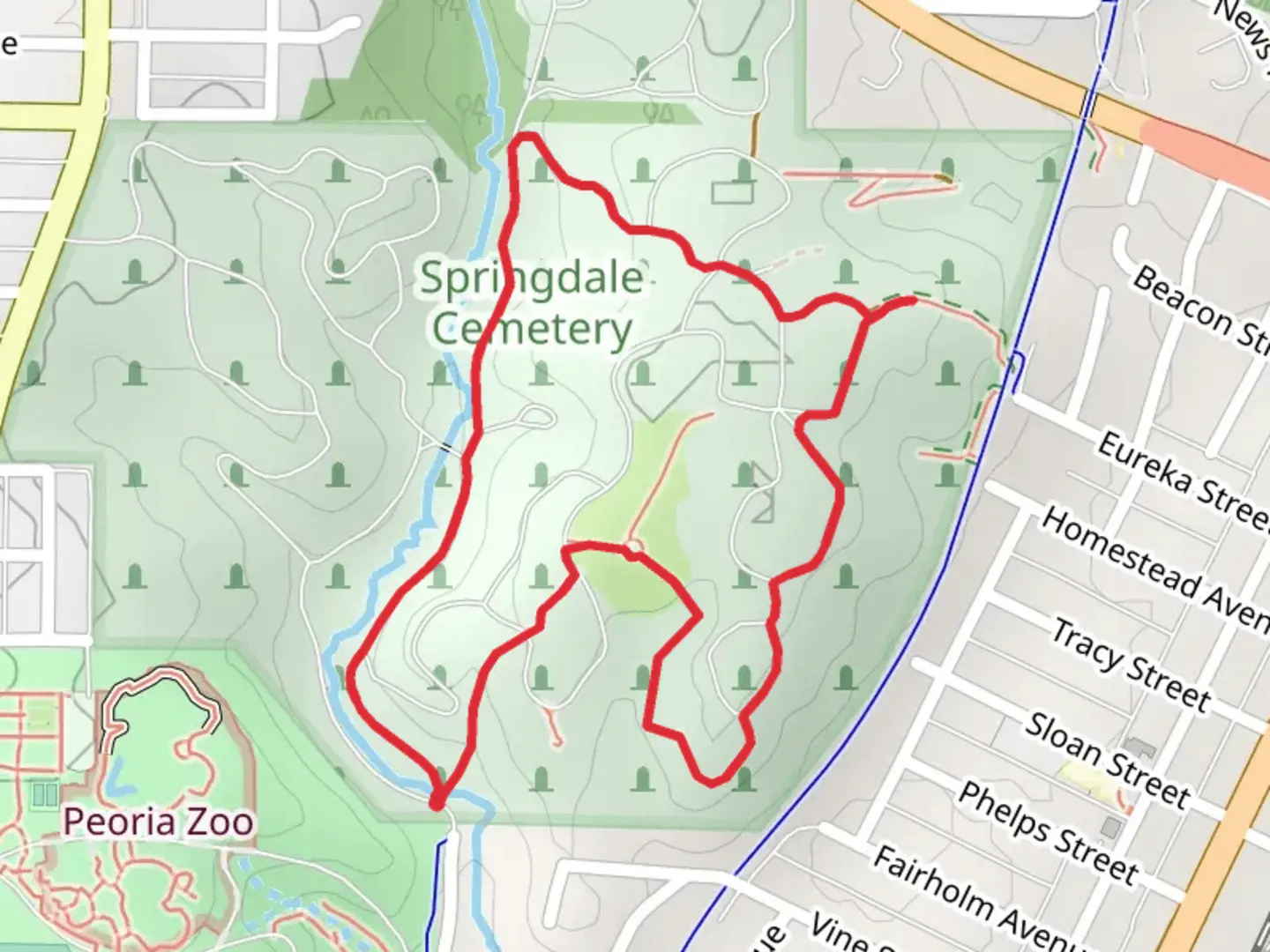 An image depicting the trail Springdale Savanna and Springdale Cemetery Loop and its surrounding area.