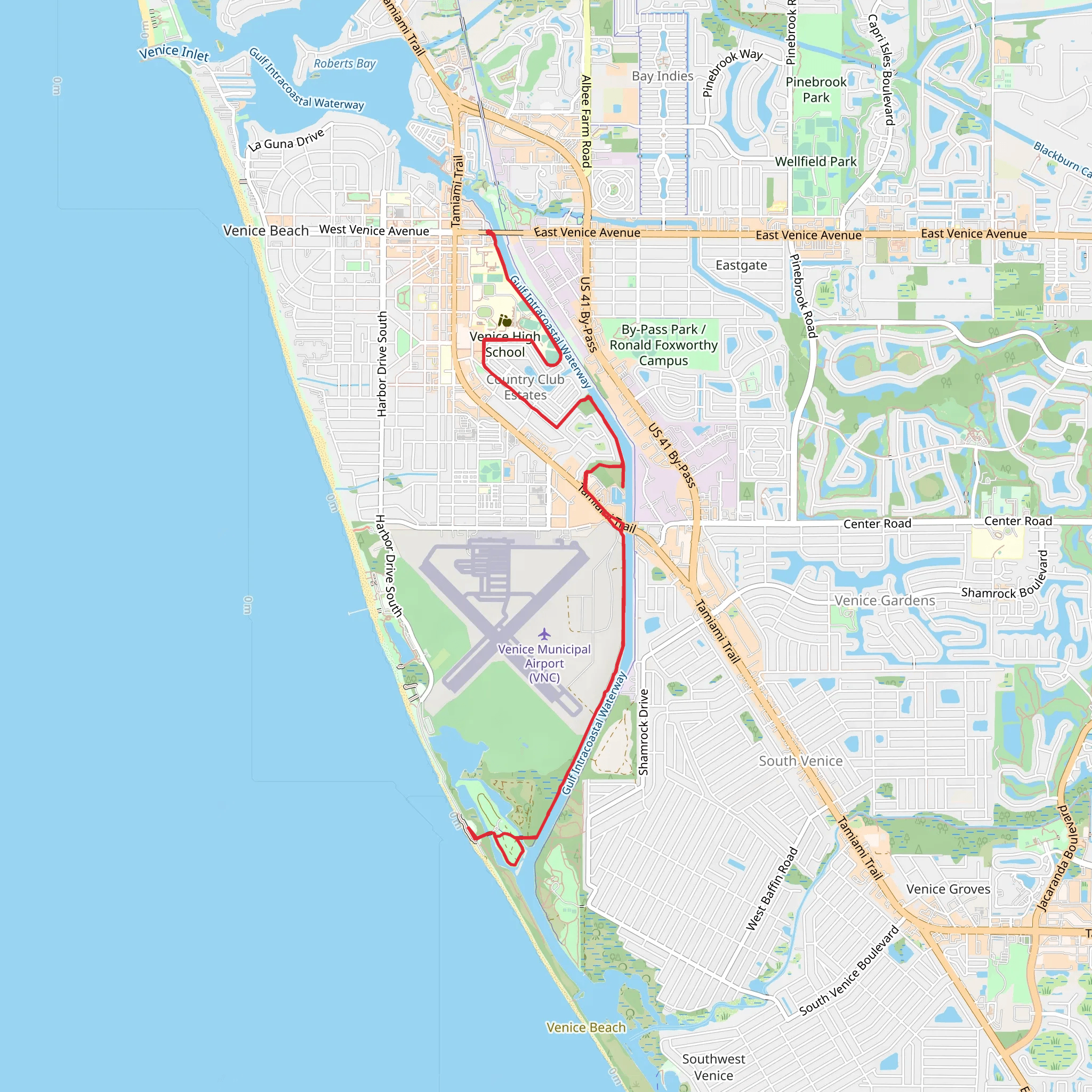 Venetian Waterway Trail Out and Back mobile static map
