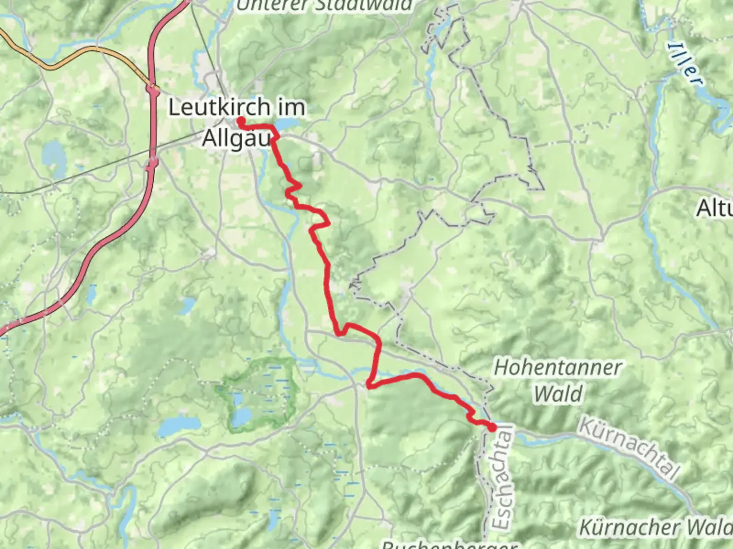 An image depicting the trail Schmidsfelden to Leutkirch Walk and its surrounding area.