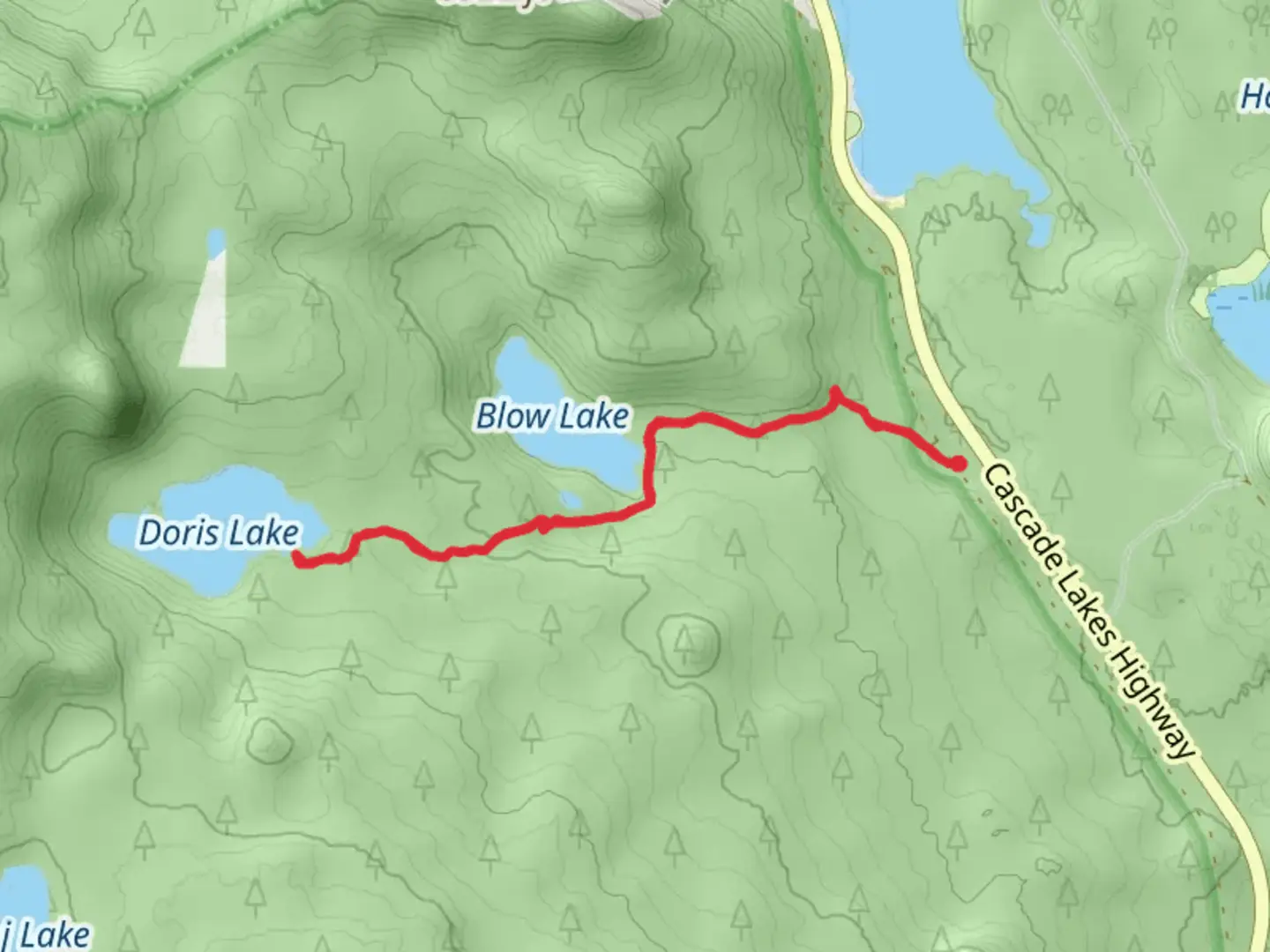 An image depicting the trail Blow Lake and Doris Lake and its surrounding area.