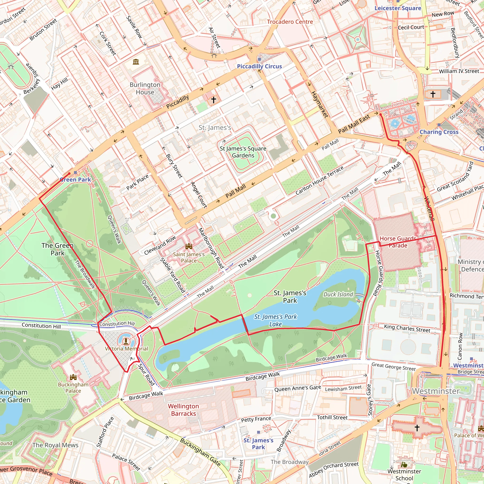 Green Park to Trafalgar Square mobile static map