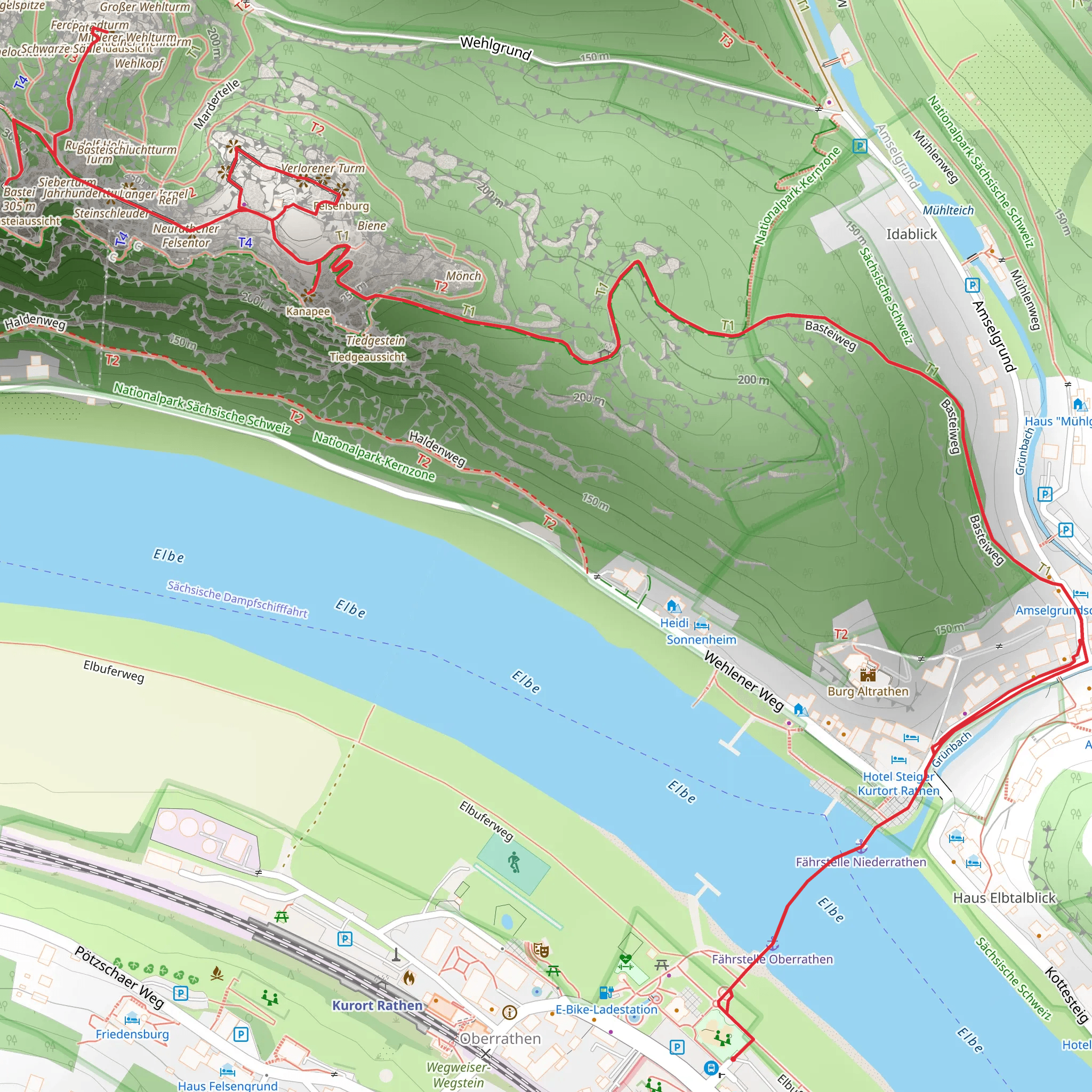 Kanapee, Basteiaussicht, Ferdinandstein and Felsenburg Loop via Basteirundweg mobile static map