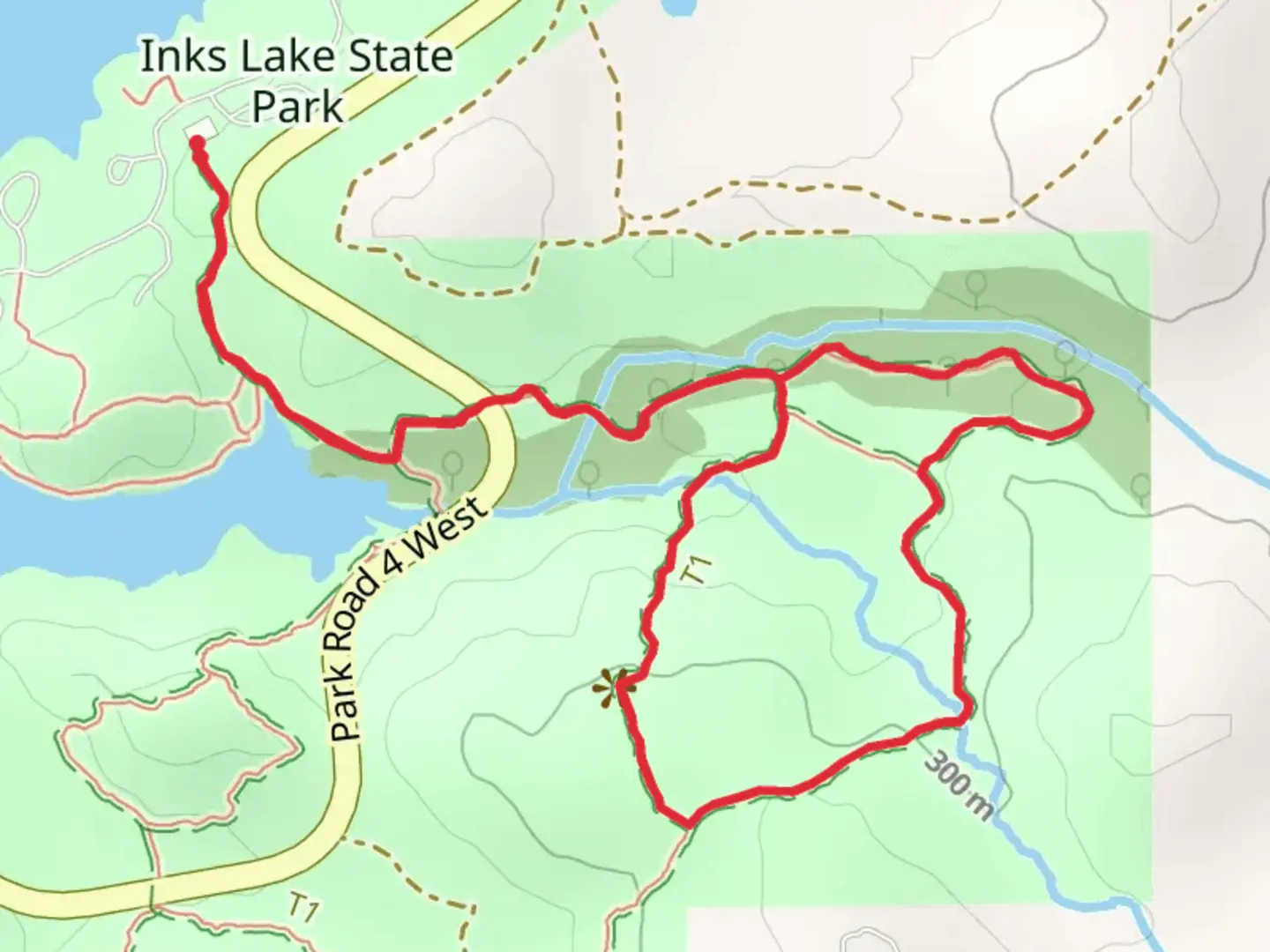An image depicting the trail Inks Lake Trail and Pecan Flats Trail and its surrounding area.