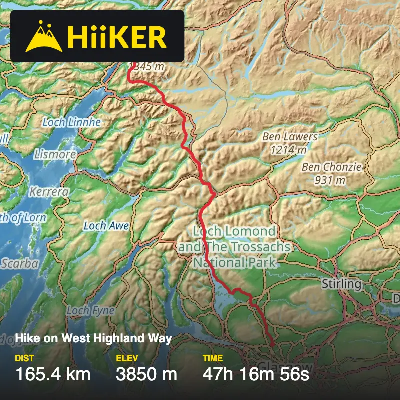 A map preview of the recording Hike on West Highland Way.