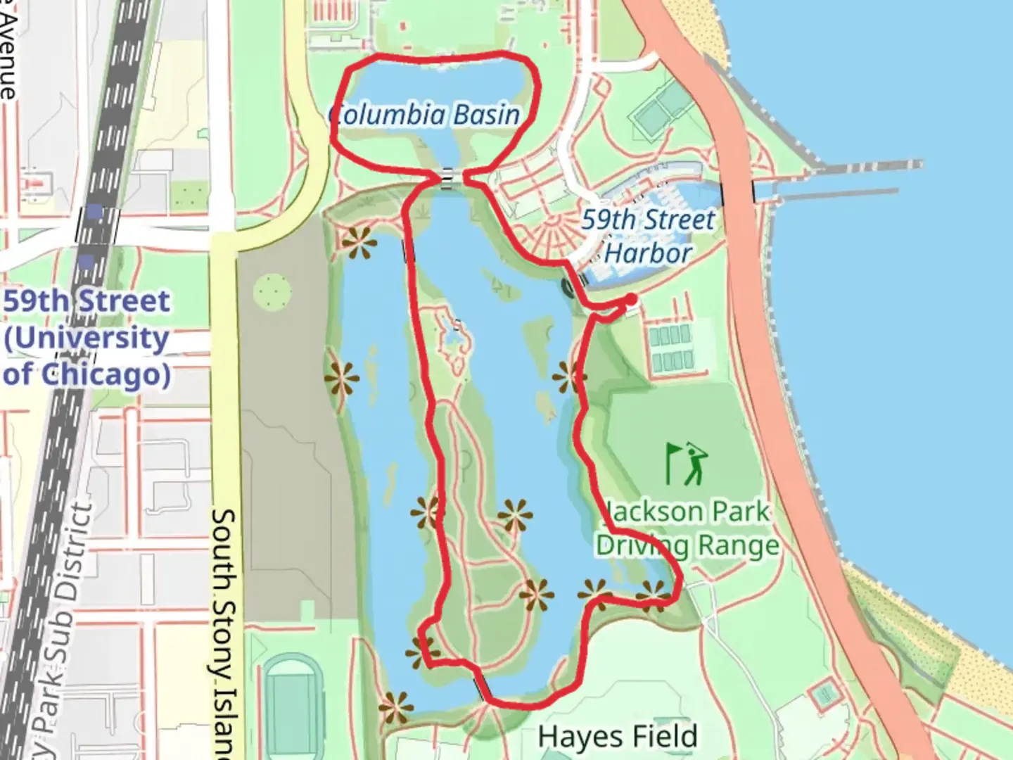 An image depicting the trail Columbia Basin and Jackson Park Lagoon Loop and its surrounding area.