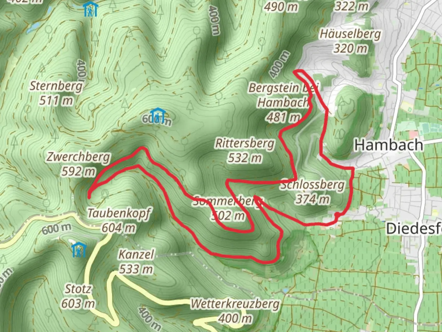 An image depicting the trail Sommerberg via Pfaelzer Weinsteig and its surrounding area.
