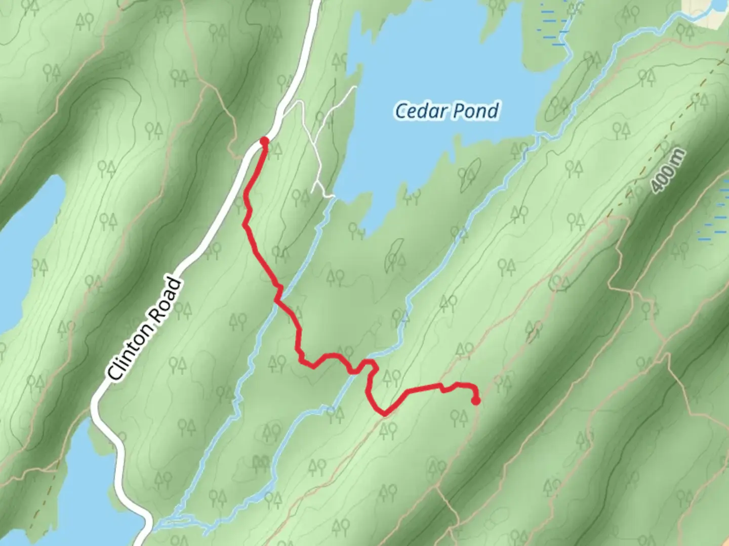 An image depicting the trail Red-White Trail-Blue Trail from Cedar Pond and its surrounding area.