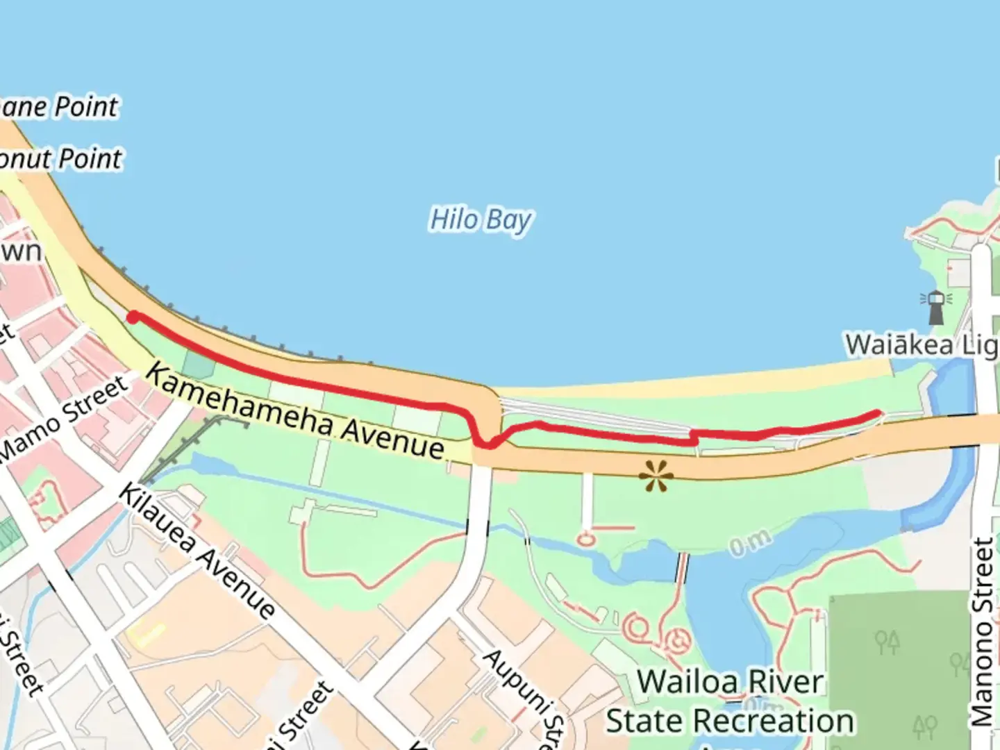 An image depicting the trail Hilo Bayfront Park and its surrounding area.