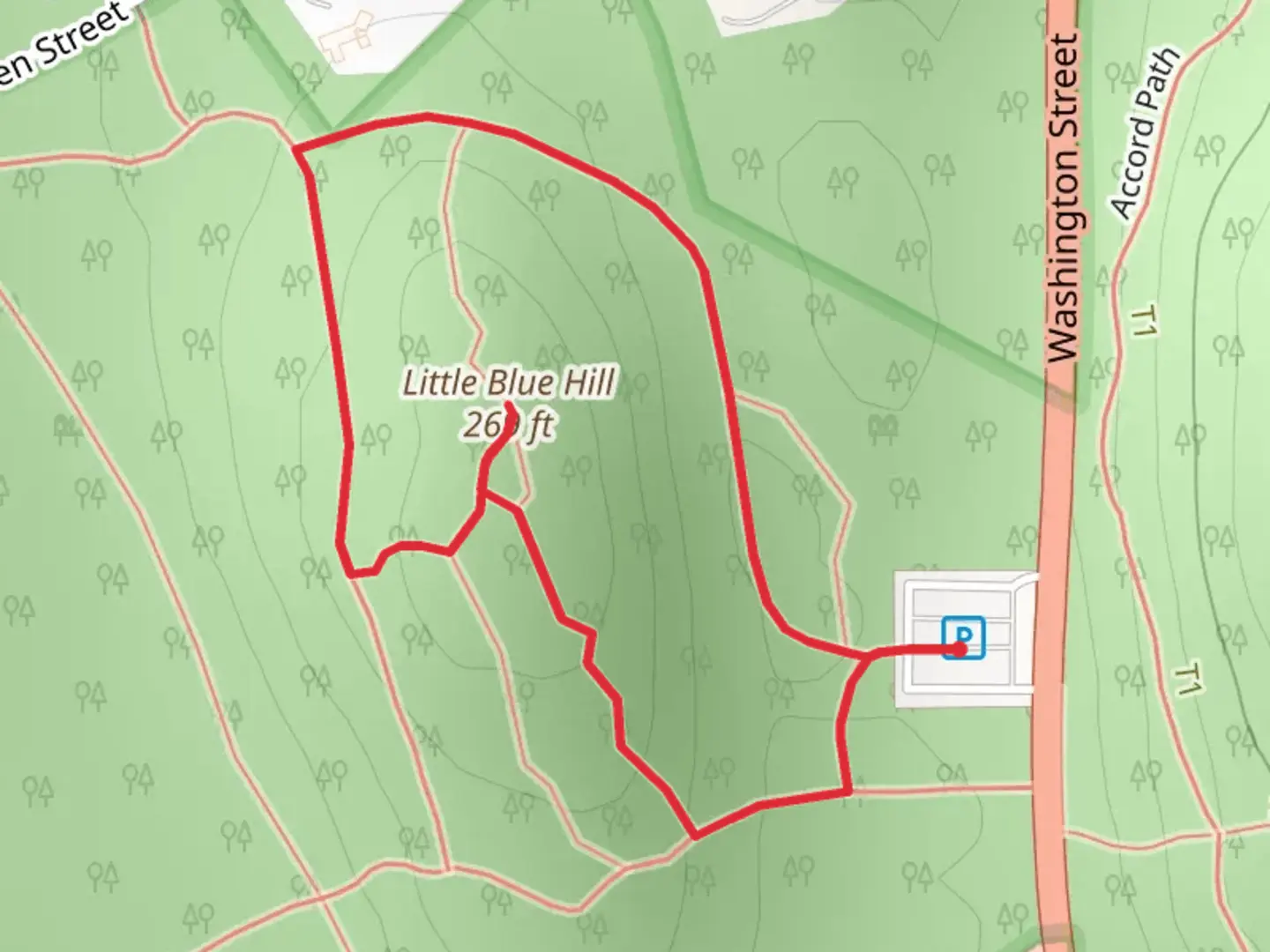 An image depicting the trail Little Blue Hill Loop and its surrounding area.