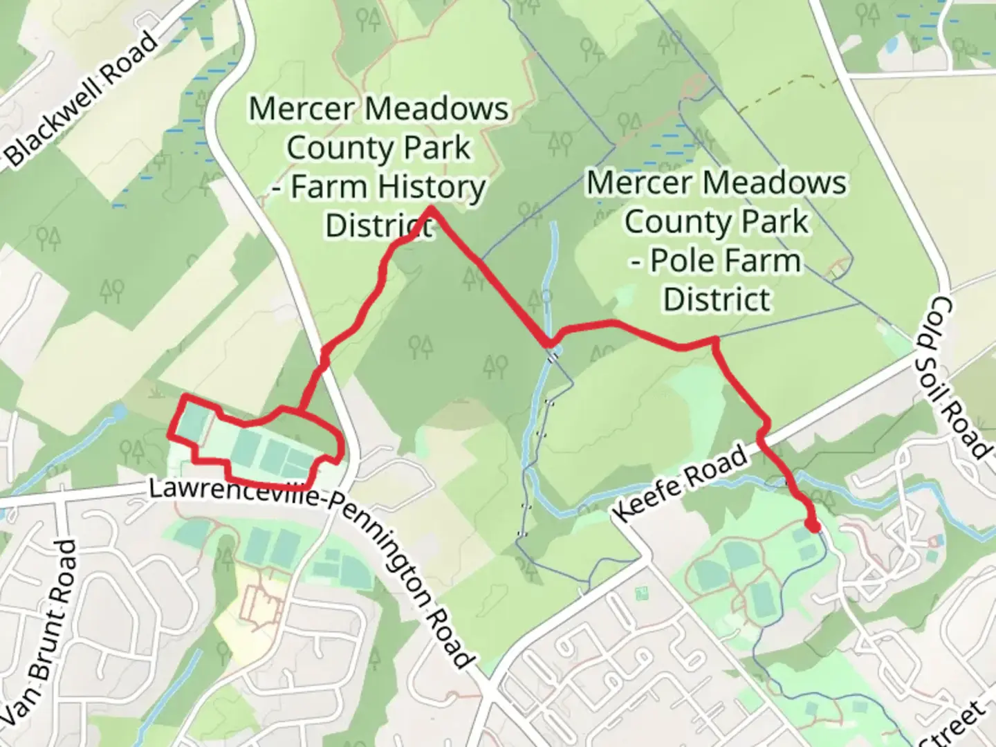 An image depicting the trail Lawrence Hopewell Trail and Twin Pines Trail and its surrounding area.